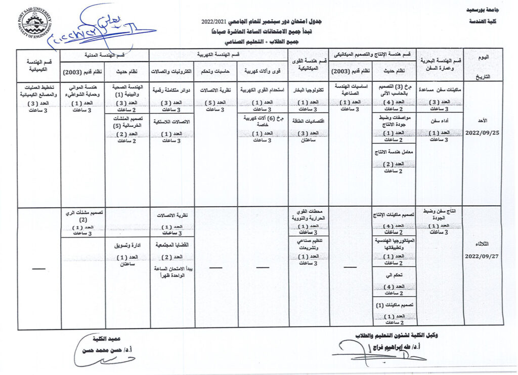 جدول امتحانات دور سبتمبر للفرقة الرابعة جميع التخصصات للعام الجامعى 2021 2022 كلية الهندسة 4843